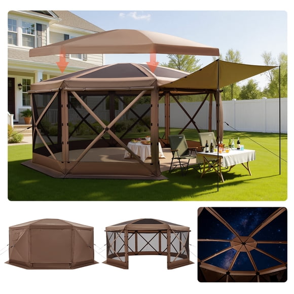 VEVOR Tente Moustiquaire Pop-Up pour Gazebo, 15 x 15 Pi Grande Tente de Camping à 8 Côtés avec Toit Amovible et Sac de Transport, Installation Rapide et Anti-Morsures, Abri Pare-Soleil pour 12-15 Personnes Cour Arrière Patio, Brun
