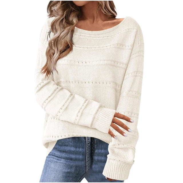 Robe Chandail à Enfiler pour Femme Hiver Couleur Unie Ajourée Hauts à Manches Longues Décontractés Chandail à Enfiler Col Rond Chandail Tricoté S-79 Blanc TG