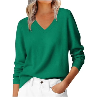 HAiming Women's Long Sleeve Shirt V Neck Knit Tops Casual Soft Classic Pullover Sweater Spring Clothes Green M
