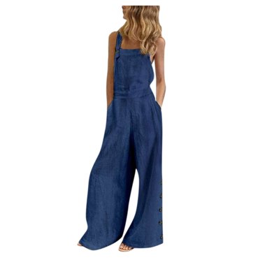 B91xZ Salopette pour Femmes Bretelles Spaghetti Réglables Pantalon Long Harem Combinaison avec Poches, Bleu Foncé S