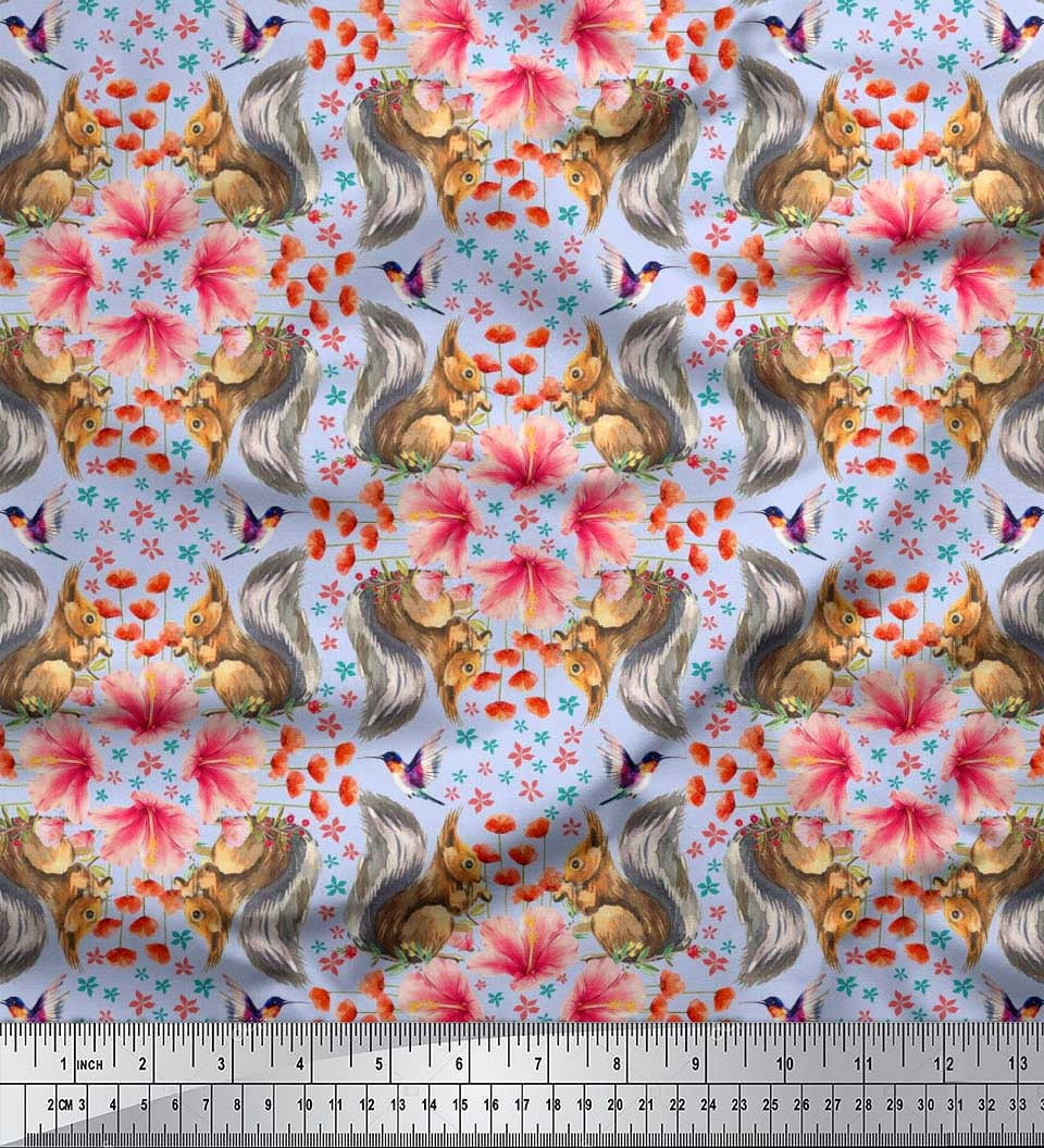 Soimoi Velvet Fabric Floral,Hummingbird & Squirrel Animal Printed Fabric 1 Yard 58 Inch Wide
