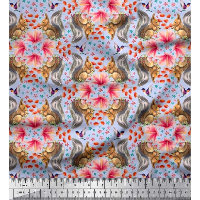 Soimoi Rayon Fabric Floral,Hummingbird & Squirrel Animal Decor Fabric Printed Yard 42 Inch Wide