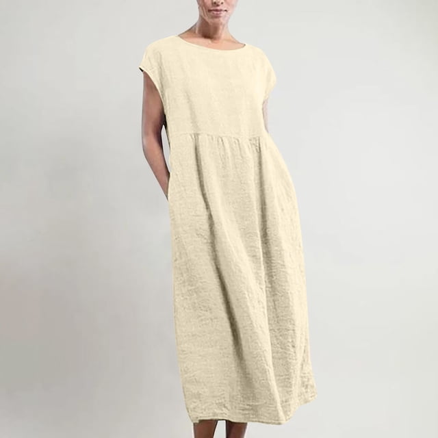 HKEJIAOI Robes Décontractées pour Femmes Offres Liquidation Cadeau d'Anniversaire Mode pour Femmes Uni Sans Manches à Col Rond Robe Longue Rétro Beige