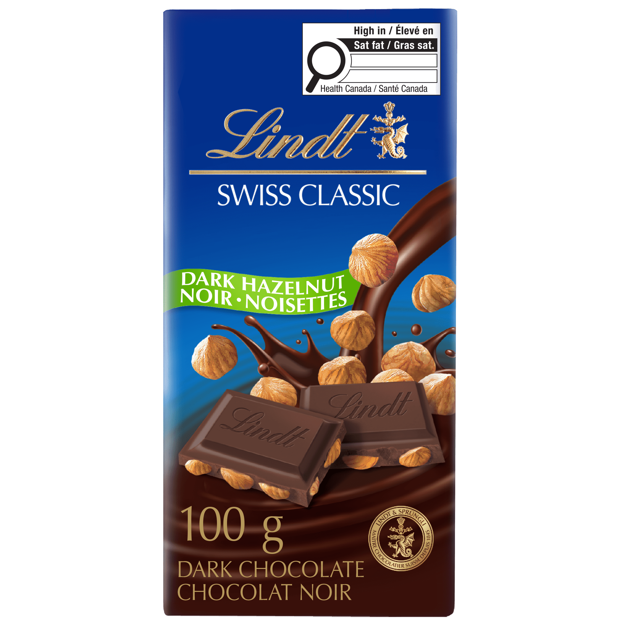 Lindt SWISS CLASSIC Hazelnut Dark Chocolate Bar, 100 Grams