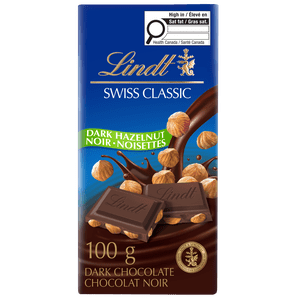 Lindt SWISS CLASSIC Hazelnut Dark Chocolate Bar, 100 Grams