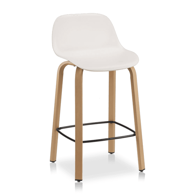 Bouclair White Plastic and Wood Metal Veneer Counter Stool