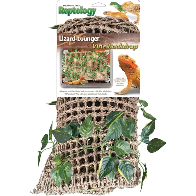 Penn Plax Natural Lizard Lounger With Vines, a 23 by 14 inch hand-woven seagrass climbing and resting mat with attached green artificial vine leaves, ideal for bearded dragons, iguanas, and geckos in glass or acrylic terrariums to self-regulate temperature.