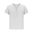 thumbnail image 4 of Women Plus Size Linen Shirts Henley Short Sleeve Summer Casual Tops Split Hem Buttons Up Flowy Dressy Blouses White, M, 4 of 7