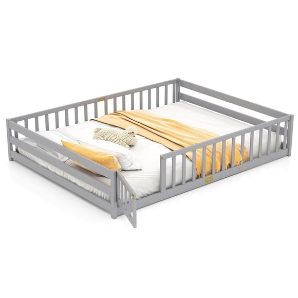 Costway Queen Size Floor Bed with Full Length Safety Guardrails & Door for Boys, Girls Gray