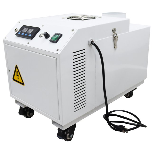 Ultrasonic Humidifier 4.5kg/h Industrial Mist Cooling Sprayer 110V. A white ultrasonic humidifier with stainless steel casing, digital control panel, ventilation fan, and power cord. Provides uniform air humidification for spaces of 60-120m³, suitable for greenhouses, warehouses, and supermarkets. Features caster wheels for easy mobility and mist sprayer functionality.