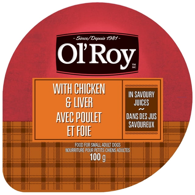 Ol' Roy with Chicken & Liver Loaf in Savoury Juices Wet Dog Food for Small Adult Dogs, 100 g cup label with red upper half and brown plaid lower half, bilingual English and French text describing the dog food