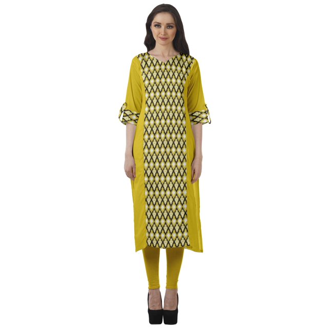 Moomaya Tunique Droite à Col en V pour Femmes, Manches Roulées, Kurta en Coton Imprimé