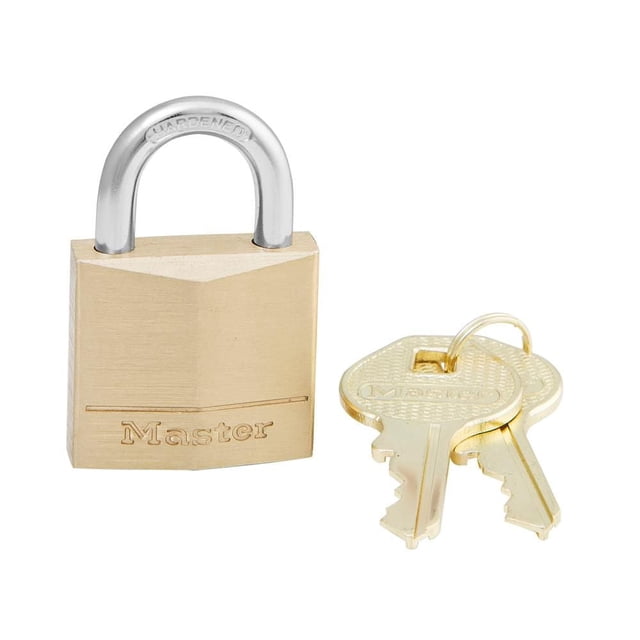 Master Lock 1-3/16” Solid Brass Body Padlock with a 30mm solid brass body and 5mm hardened steel shackle, shown with two brass keys on a ring, suitable for securing doors and storage in home improvement hardware.