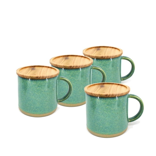 BIA S/4 Reactive Mugs with Lid, Green, set of four 400 ml stoneware coffee mugs with reactive green glaze and acacia wood lids that double as coasters, each mug has a handle and is suitable for serving coffee or tea.