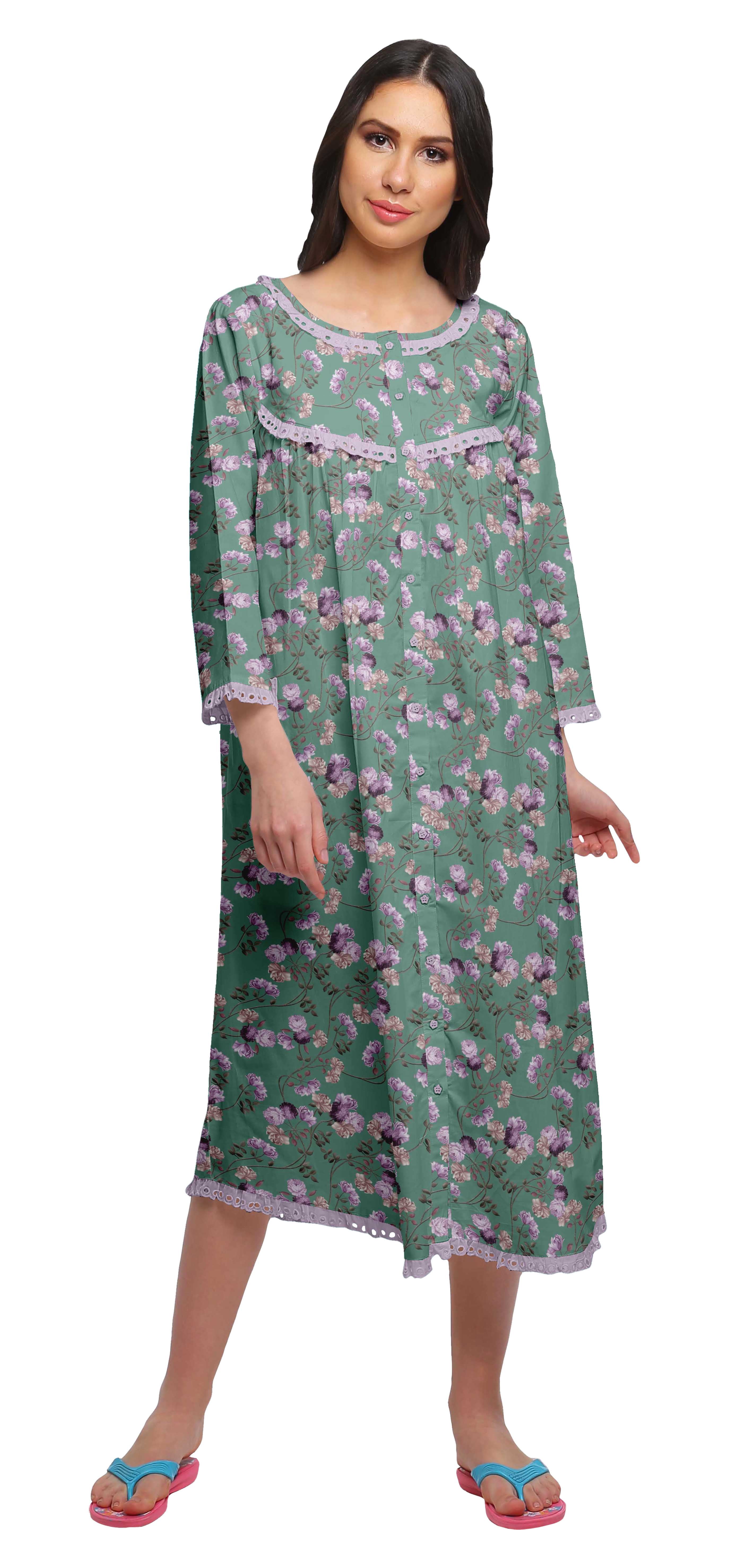 Moomaya Robe de Nuit Imprimée Longueur Genou en Coton avec Bordure en Dentelle Manches 3/4 pour Femmes