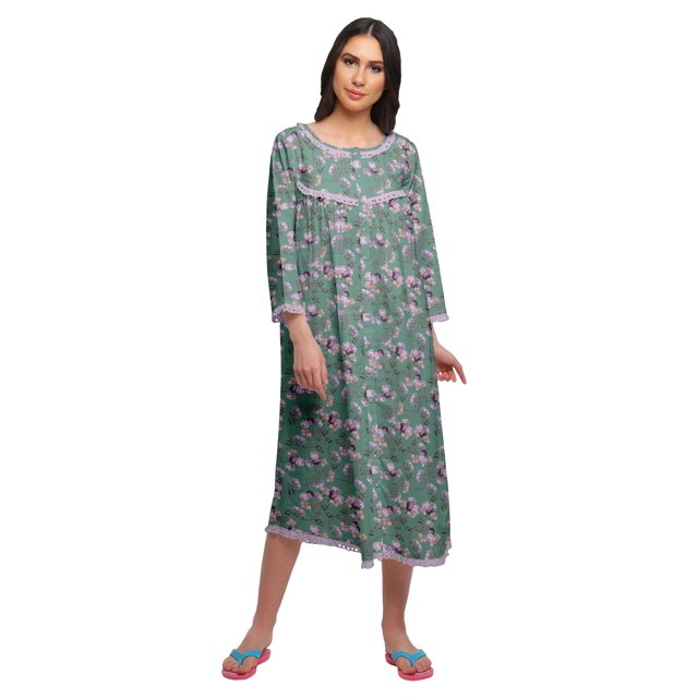 Moomaya Robe de Nuit Imprimée Longueur Genou en Coton avec Bordure en Dentelle Manches 3/4 pour Femmes