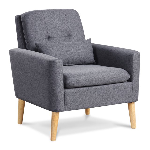 Gymax Chaise d'Appoint Moderne Mi-Siècle en Tissu de Lin avec Coussin Lombaire Gris