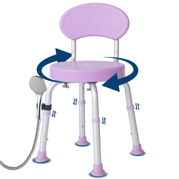 360° Swivel Shower Chair with Backrest, Height Adjustable Non-Slip Bath Seat for Elderly Seniors Disabled, Compact Support for Bathtub Shower, Blue/Purple