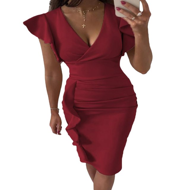 MesaSe Femmes d'Été Près du Cou Manches Robe V Swing Robe avec Poches Couleur Unie une Pièce
