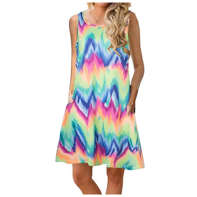 EQWLJWE Longue Robe pour Femmes avec un design Sans Manches, un Col Rond et un Imprimé zigzag Multicolore vibrant. Cette Robe Débardeur Décontractée et Ample Est Fabriquée en polyester Léger, Offrant Confort et style pour l'Été. la Robe Comprend des Poches Latérales et une silhouette Fluide, Convient au Port Quotidien, aux Vacances Ou aux Sorties Décontractées. Offerte en Plusieurs Tailles, de Petite à XXX-Grand.