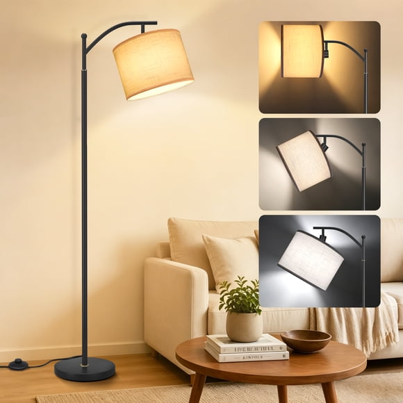 OUTON 63" Arc Floor Lamp for Living Room, Modern Standing Lamp with Hanging Linen Shade, Metal Floor Lamp with 3 Color Temperatures LED Bulb for Bedroom(Black)