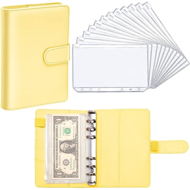 PU Leather Notebook Binder Budget Planner Binder Cover with 12 Pieces Binder Pocket Personal Cash Budget Envelopes System 6 Hole Binder Zipper Folder(Yellow)