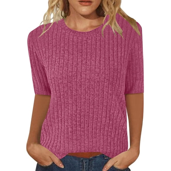 ManxiVoo Short Sleeve Ribbed Knit Sweater for Women Summer Crewneck Pullover Top Soft Lightweight Tunic for Casual Comfort and Trendy Relaxed Style XL Size Hot Pink