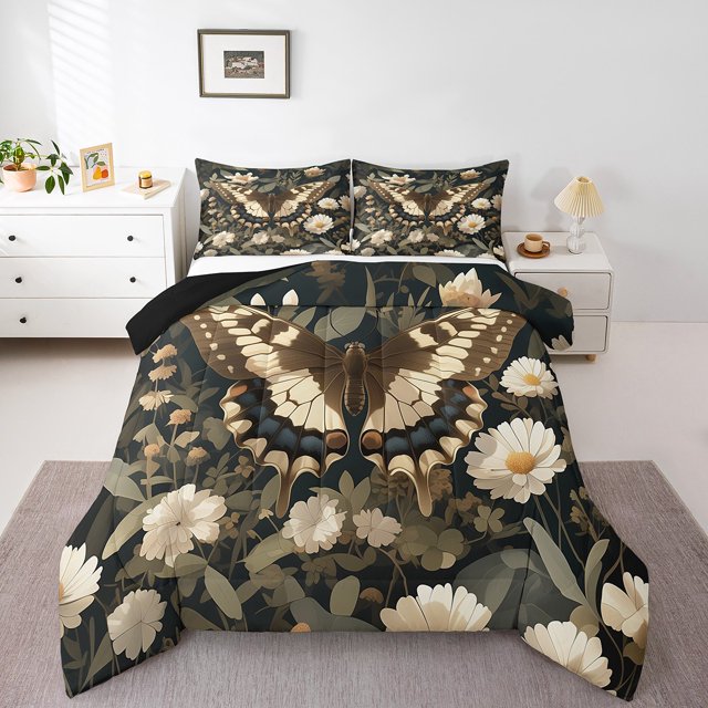 Erosebridal Ensembles de Couette Papillons Bruns Format Simple, Couettes et Duvets Faune Chic, Déco de Chambre Fleurs Blanches, Réversible 2 Pcs