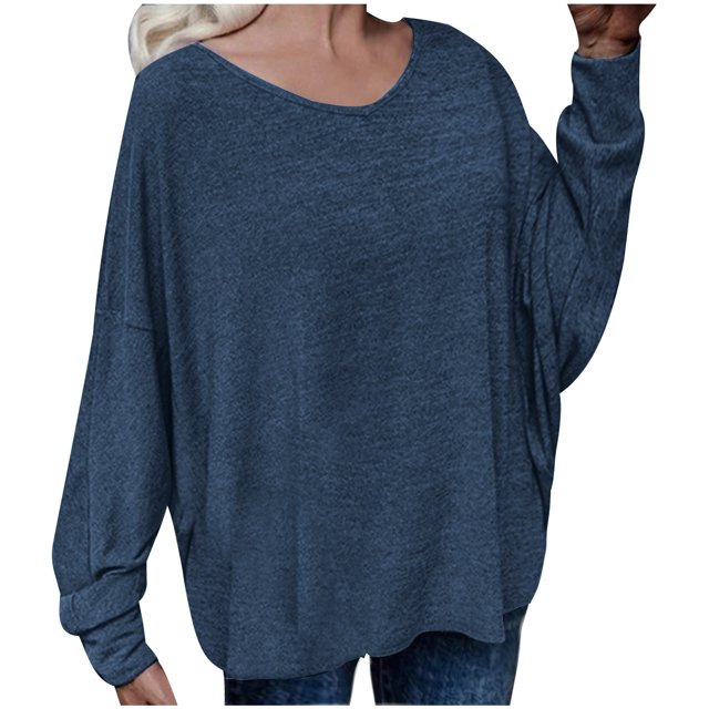 Pompotops Women's Solid Loose Lace Up Back Shoulder Drop T-shirt Clearance
