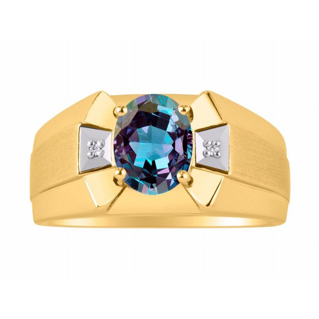 RYLOS Men's Rings 14K Yellow Gold Rings Classic Designer 9X7MM Oval Gemstone & Diamond Ring Alexandrite June Birthstone Ring Size 9
