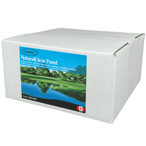 NaturalClear Pond Bacteria Treatment 5kg by Pond Pro, a Canadian-made bioremediation product designed for ponds, lakes, and wastewater environments. The box features a label with a serene pond image and product details. This ultra-concentrated formula contains four species of bacteria, effective in cold climates as low as 3°C, and reduces COD, BOD, organic carbon, ammonium, nitrates, nitrites, phosphates, and hydrocarbons. Packaged in a white box with green accents and a Canadian flag icon.