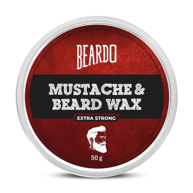 Beardo Beard & Mustache Wax - Extra Strong, 50gm each (Pack of 2). A close-up view of the product's red and black tin packaging with bold white text displaying the product name and a graphic of a bearded man. Designed for styling and shaping beards and mustaches with a long-lasting hold.