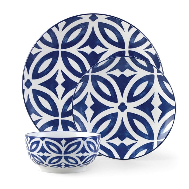 Mainstays Ensemble de Vaisselle en Grès à Motif Bleu Émaillé, 12 Pcs avec Assiettes de 10,5 Po, Assiettes à Salade de 7,5 Po et Bols de 6 Po à l'Allure de Porcelaine Blanche et Motif floral Géométrique Bleu, Fabriqué en Grès durable, Va au Lave-Vaisselle et au Micro-Ondes, Convient aux Repas Décontractés et Formels.