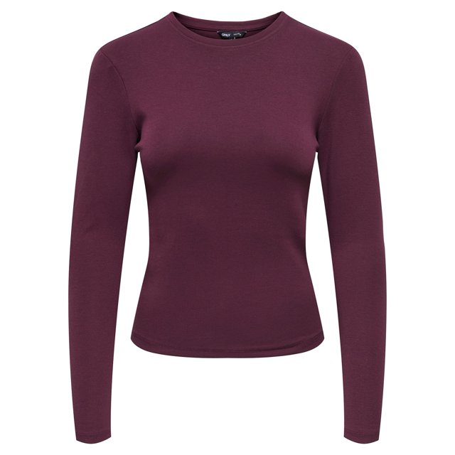 ONLY Chemise à Manches Longues pour Femme - Haut à Col Rond ONLRILEY, Manches Longues, Col Rond, Coton Extensible Rouge Foncé S (Petit)