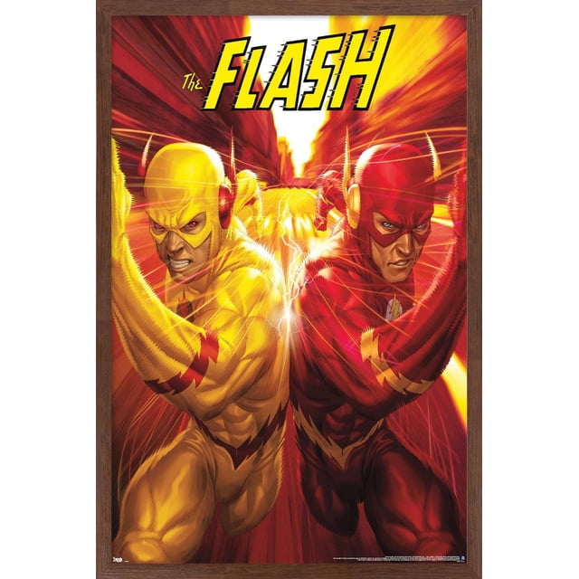 DC Comics - The Flash and The Reverse Flash - Race Wall Poster, 22.375" x 34" featuring a high-resolution comic art print of The Flash in red and The Reverse Flash in yellow racing side by side with lightning effects between them, set against a vibrant red and yellow background, framed in dark wood, suitable for home or office wall décor.