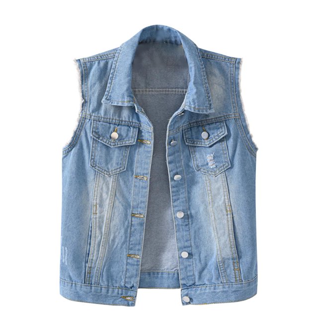 Veste en Denim Femme Manteaux de Printemps et d'Automne Veste en Denim Unie Sans Manches Vêtements d'Extérieur. une Vue Orientée vers l'Avant d'Une Veste en Denim Bleu Pâle Sans Manches avec une Fermeture à Boutons, Deux Poches Poitrine à Rabat et des accents Usés. Idéale pour un Usage Quotidien Décontracté pendant les Saisons d'Automne et de Printemps, Catégorisée sous Vestes en jean pour Femmes et Vêtements d'Extérieur.