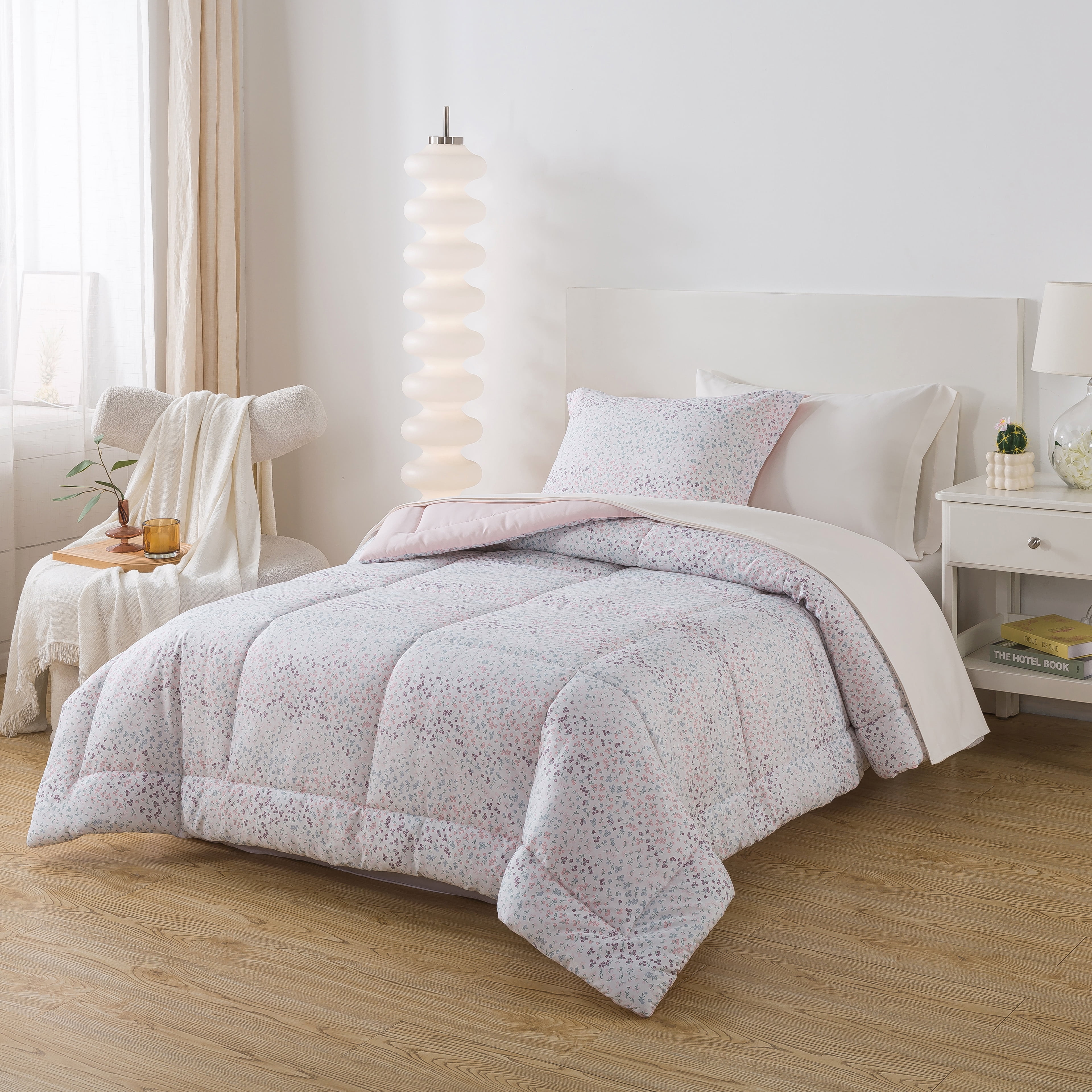 Mainstays – Ensemble de literie tout-en-un réversible avec couette et draps, 5 pièces, format simple très grand (Twin XL), rose blush
