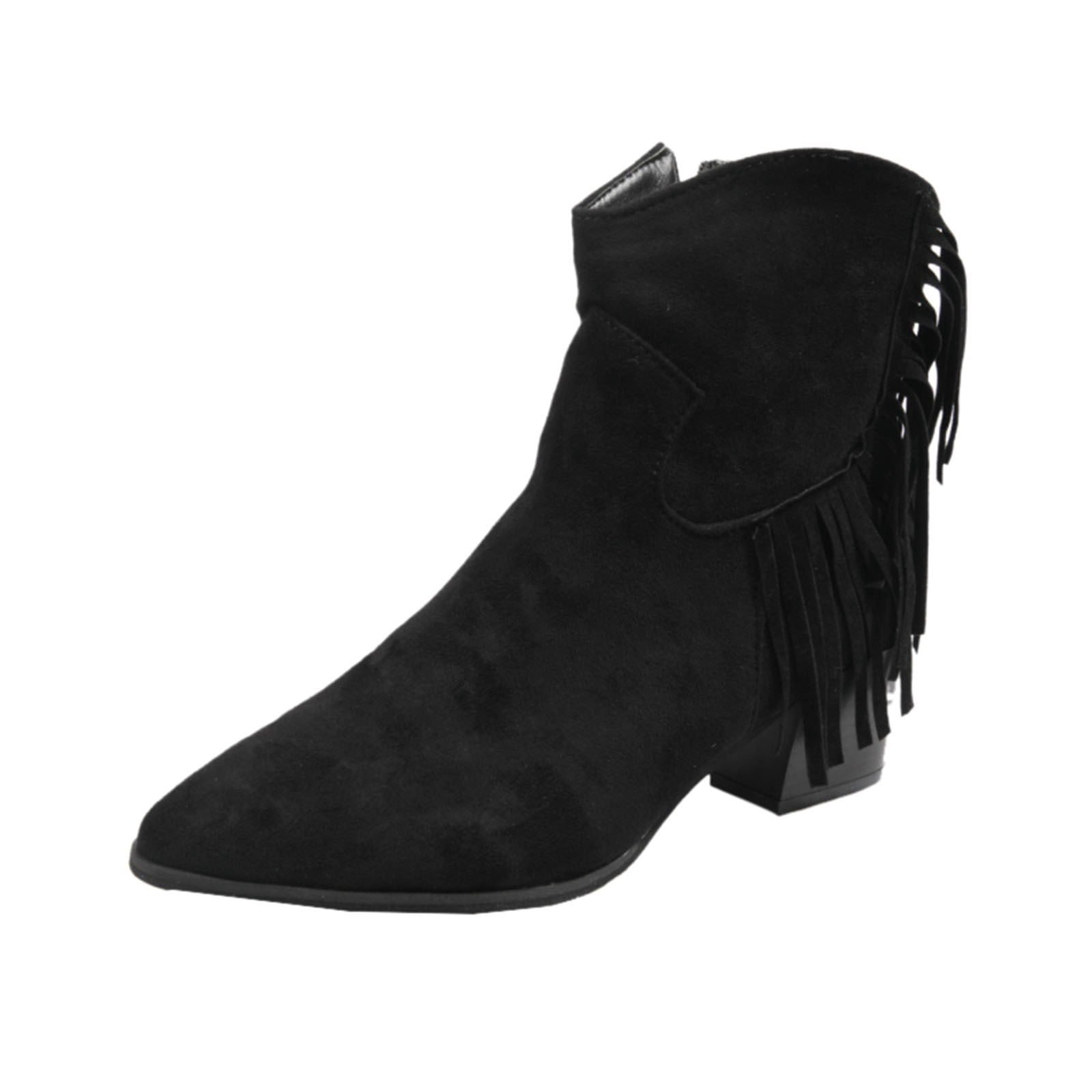 B91xZ Chaussures d'Automne Femmes Mode Semelle Crantée Talon Épais à Enfiler Bottines Élastiques, Noir 9.5