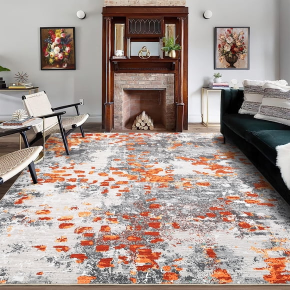 Washable Area Rug 5x7ft – Boho Abstract Modern, Low Pile Non-Slip Carpet, Colorful Orange Gray Watercolor, Non-Shedding, Spot Resistant for Living Room, Bedroom – USA Stock