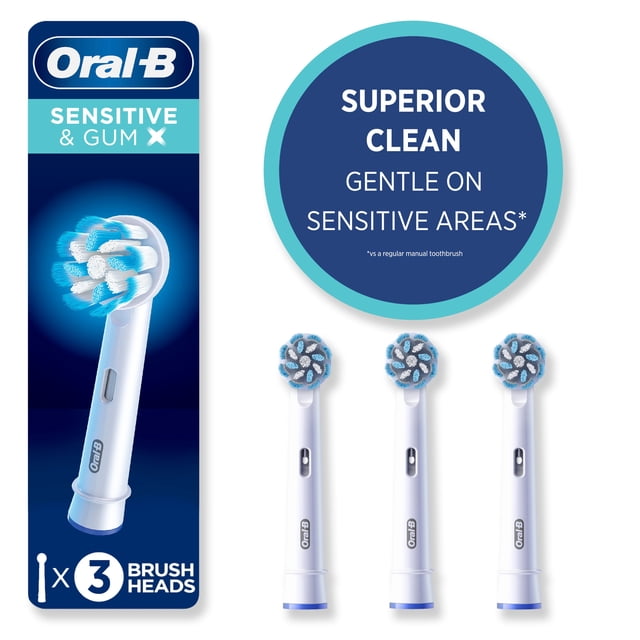 Oral-B Sensitive & Gum X X-Filament Replacement Brush Heads with three white round brush heads featuring blue and white extra soft bristles designed for gentle plaque removal around sensitive gums, shown alongside packaging highlighting superior clean and gentle on sensitive areas.