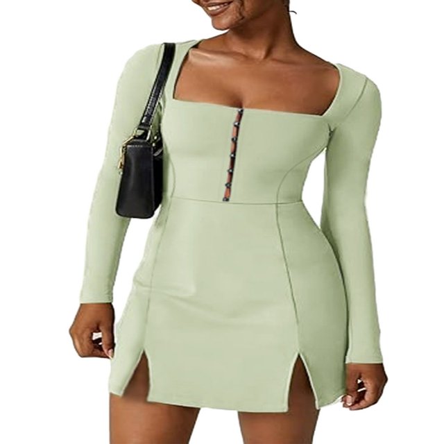 Robe de Soirée à Manches Longues pour Femmes avec Ourlet Fendu et Col en U