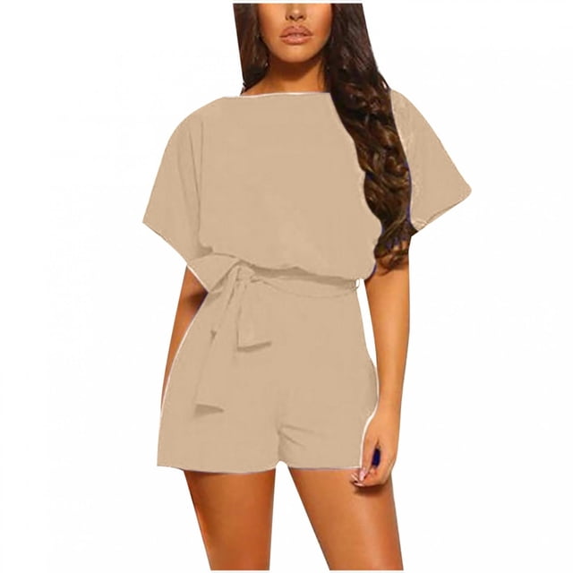 TIMIFIS Women's Summer Jumpsuit Belted Keyhole Back Short Sleeve Solid Color Jumpsuit on