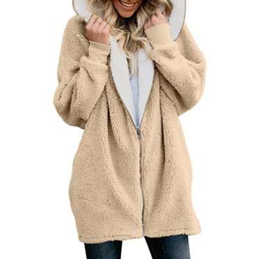 Bellella Womens Zipper Fleece Jackets Ladies Casual Hooded Coat Plus Size Mid-Length Long Sleeve Winter Warm Fluffy Jackets Outwear Beige S
