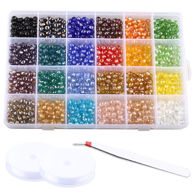 Coofit Loose Bead Set Artificial Crystal Bead Glass Bead Spacer Bead for Jewelry Making. This set features a box of multicolor artificial crystal beads in 24 compartments, along with two rolls of elastic cable and a tweezer. Ideal for creating bracelets, necklaces, and other craft projects. The 24-color set measures 19.5 x 13.5 x 2.3 cm (7.68 x 5.31 x 0.91 in).
