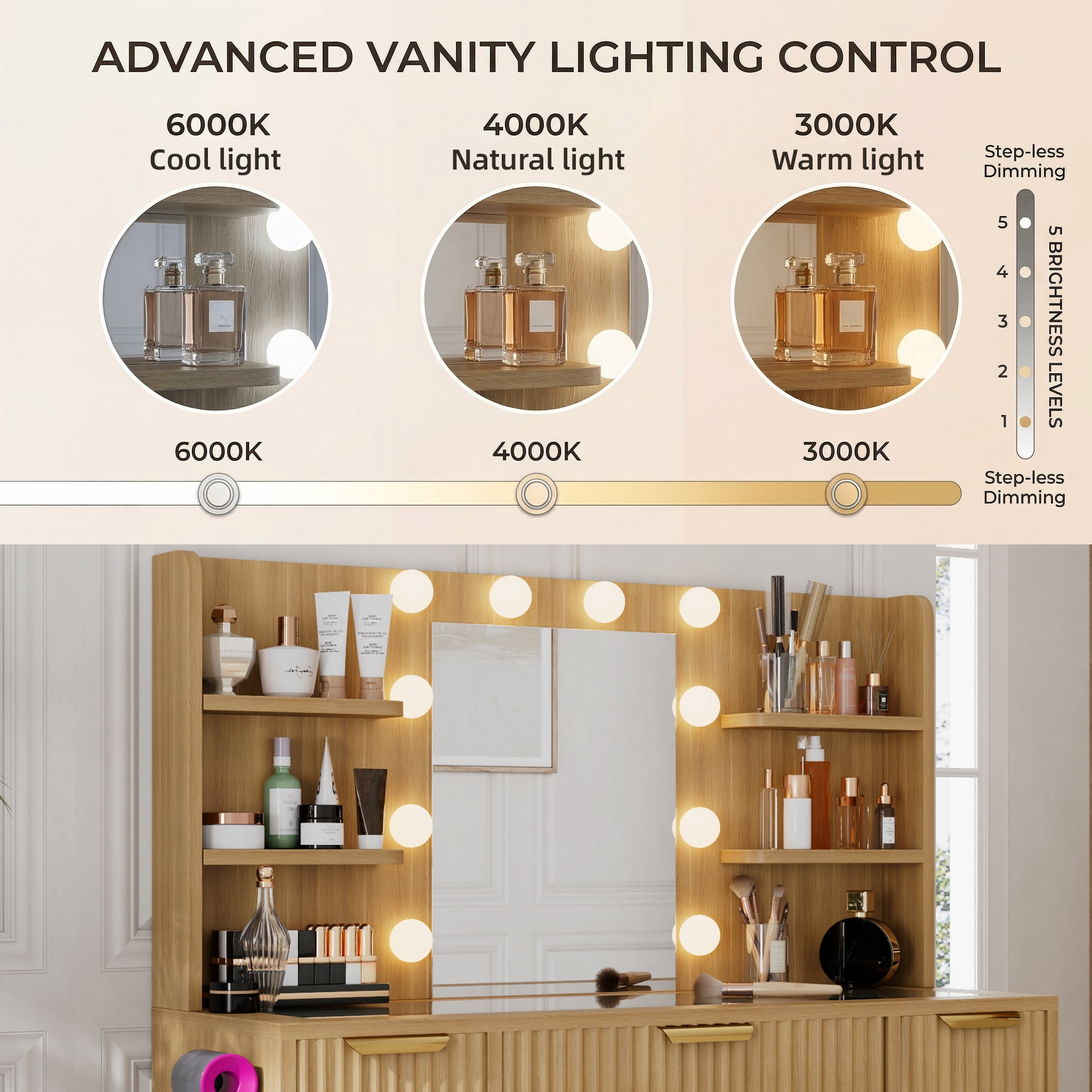 Noble House bureau vanité à 7 tiroirs avec prise de courant et plateau en verre, Design cannelé avec 10 lumières LED miroir et chaise, naturel