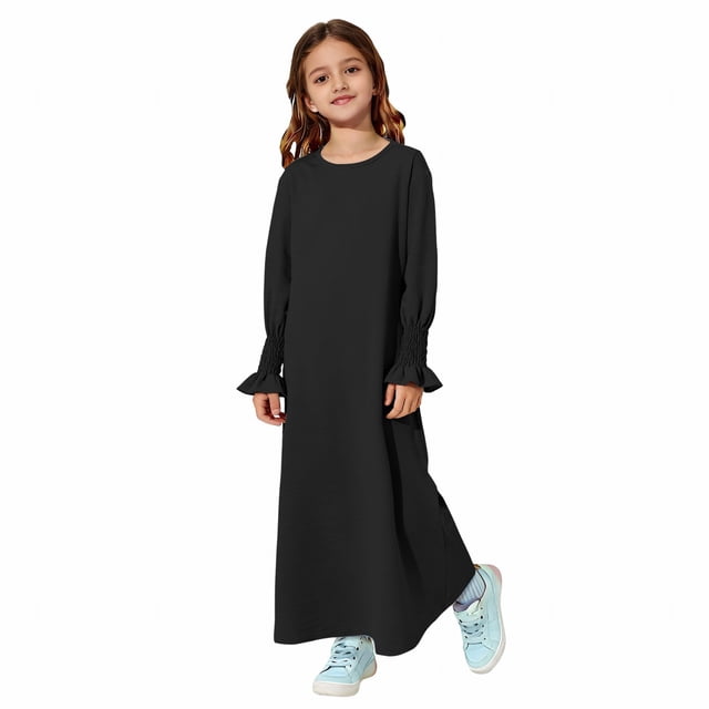 EnJoCho Robe Abaya pour Filles à Col Ras du Cou, Maxi, Kaftan de Prière pour le Ramadan et la Mosquée, Robe Confortable et Modeste pour Tous les Jours, Fête des Fêtes, Robe pour Enfants
