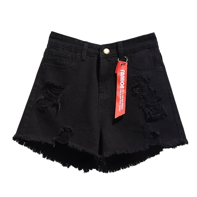 B91xZ Women Mid Rise Ripped Stretchy Jeans Casual High Waisted Denim Shorts Frayed Raw Hem Ripped Jeans Shorts,Black XL