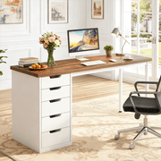 Fnova Modern Computer Desk with 5 Drawers, 47.24" Home Office Desk, Brown and White
