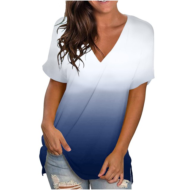 Blouse Mode Femme à Imprimé Dégradé Col en V Manches Courtes T-Shirt Ample