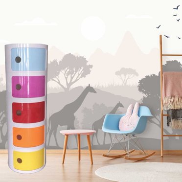Armoire ronde multicolore Cinq – Organisateur de rangement pour chaussures, jouets et livres pour enfants, armoire élégante pour salles de jeux, chambres et espaces contemporains
